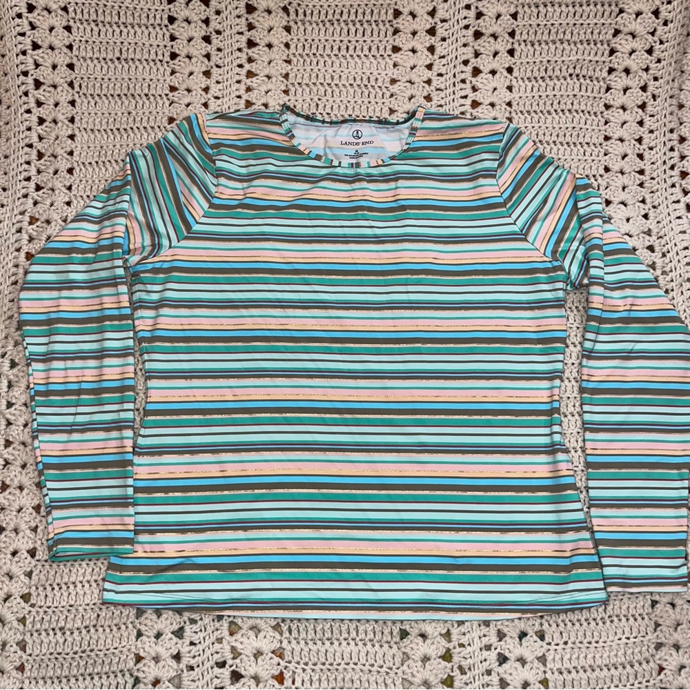 Lands' End Women’s Striped Swim Coverup in Aqua, White, Tan